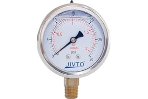 JIVTO liquid filled pressure gauge, 2.5" dia,0-30 Psi,0-2 Bar, 1/4" BSPT lowr mount