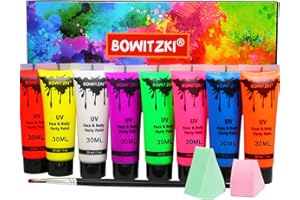 Bowitzki UV-Neon-Körperfarbe, 8 x 30 ml, Gesichtsbemalungsset, Schwarzlicht, im Dunkeln leuchtendes Make-up-Set, fluoreszierende Gesichtsbemalung für Erwachsene,Festival