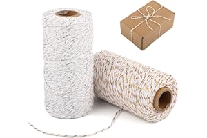VAKTOP Christmas String, 200m White Cotton Twine with Gold Silver String, Glitter Butchers Strings Twine, Bakers Twines for Gift Wrapping, DIY Crafts, Cooking, Baking, Gardening