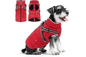 Woiil Hundemantel Hundejacke Wintermantel für Mittelgroße Hunde, Hundemantel Winter mit Geschirr, Hunde Wintermantel Kostüm Ärmellose Baumwolle Gepolsterte Weste Wasserdicht Warme Reflektierend, Rot M