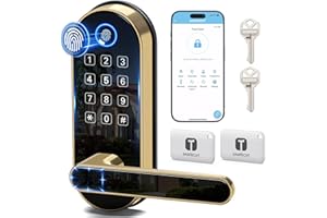 SAMTECHT Keyless Entry Fingerprint Smart Lock with Handle & Keypad: Electronic/Electric Digital Lock with Code/Passcode, Biometric Deadbolt Door Knob for Front Door, Bedroom, Interior or Exterior Use (Gold)
