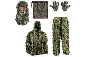 PELLOR Tuta Mimetica Ghillie 3D, Tuta Mimetica Jungle Ghillie Suit Boschiva Abbigliamento con Cappucci e Mimetici Guanti per Camouflage Caccia Campeggio Nascosto