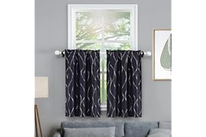 LuxFocus Zasłona okienna z foliowym nadrukiem srebrnym, małe zasłony, zestaw 2 kuchennych falbanów okiennych, krótka zasłona do salonu, wzór falowany, szare, szer. 61 x gł. 76 cm, 2 sztuki