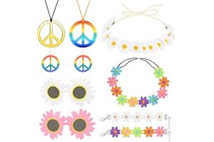 WANDERGO Hippie Costume Set para Mujer, 10pcs Accesorios Disfraz Fiesta Hippie, Collar y Pendientes Signo de La Paz, Margaritas Gafas de Sol, Pulseras, Diadema Hippie para Retro de Los Años 60,70 de hippie
