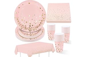 ZVK Stoviglie per feste, Rosa con lamina d'oro 97 pezzi Piatti di carta, Tovaglioli di carta, Bicchieri di carta, Tovaglia monouso per feste Decorazioni da tavola per feste
