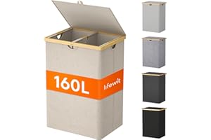Lifewit 160L Bambus Wäschekorb mit Deckel, Faltbar Wäschesammler 2 Fächer Wäschesortierer mit Abnehmbarem Wäschesack Bambus Griffen Wäschebox Laundry Baskets für Waschküche, Schlafzimmer, Beige