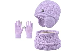 ENWOKRAN D'hiver Enfant Bonnet avec Cache-Oreille Écharpe Gants 3 en1, Doublure Intérieure en Polaire Bonnet en Tricot Chaud Élastique Cache-Cou Gants à écran Tactile pour Fille Garçon 4-10