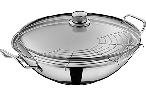 WMF Party Taiwan - Wok a induzione, 36 cm, con coperchio e griglia di appoggio, in acciaio INOX Cromargan non rivestito, adatto al forno