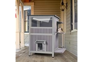 Aivituvin Wooden Feral Cat House 2 Storey Windproof Cat House with Transparent Windows Openable Side Weatherproof Eaves Kitten Shelter