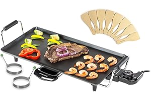 Andrew James Teppanyaki Electric Grill Plate & 2 Egg Rings | Large Non-Stick Tabletop Griddle with 43cm x 22.5cm Hot Plate & Adjustable Temperature | Includes 8 Wooden Spatula & Recipes in Manual