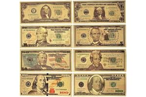 YIQILAFADA Set di 8 banconote da dollari dorate, banconote da 100 dollari in lamina d'oro, 100/50/20/10/5/2/1