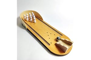Framan Mini Juego de Bolos de Madera con Canales Laterales. Bolos de Escritorio. Incluye 9 Bolos, Pista y Bola de Metal.
