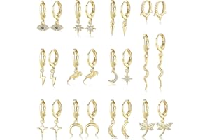 KALVICA 6/12 Paires Boucles d'Oreilles Pendantes Or pour Femmes Filles Boucles d'Oreilles Creoles Pendantes en Zircon Cubique Boucles d'Oreilles Perle Evil Eye Étoile Lune Boucles d'oreilles