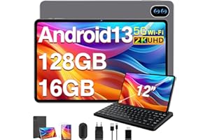 MEBERRY Tablette 12 Pouces Android 13 Écran 2K, Tablette Tactile avec 16 Go RAM+128 Go ROM (TF 1TO), Octa-Core 2.0 GHz丨2000*1200 Pixels丨13+5MP丨8000mAh丨5G WiFi丨Bluetooth 5.0, Clavier et Souris-Gris