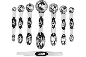 PEDAS PEDIS LIMITED Magnetic Measuring Spoons Set of 8 | Stainless Steel Dual Sided Measure Kitchen Teaspoons and Tablespoon with Leveller | Weighing Dry and Liquid Ingredients for Cooking, Baking (Silver)