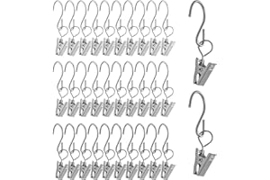 STARFA LAB 30Pcs Metal Hanging Clip Hook, curtain clips with S hooks, for Hanging Curtain, Photos, Art Craft, paper office supplies, Towel Clip, Home Decoration (Silver)