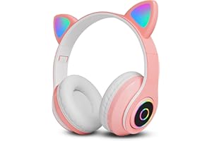 GLOBAL TECH Wireless Bluetooth Kids Headphones, Foldable Cat Ear Headphones with LED Flashing Lights, Built-in Mic, Volume Controls, Over Ear Children Headphones for Tablet, PC, Laptop, Phone, iPad