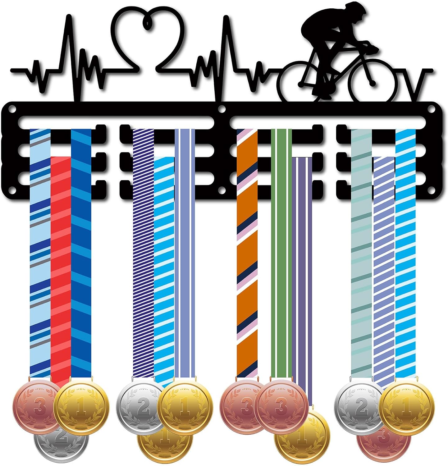 CREATCABIN Soporte para Medallas Ciclismo,Perchas Medallas Bicicleta,Estante Exhibición Deportes,Premios Colgantes Metal,Decoración Montaje Pequeño,Latido del Corazón para Maratón,Negro,29x13cm