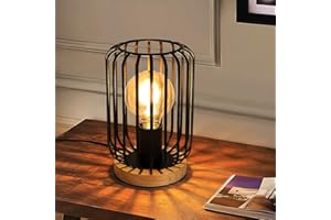 Comely Lámpara de Mesa Vintage, Lámpara de Noche E27 con Base de Madera y Pantalla de Metal, Lámpara de Mesita Interior Decorativa para Dormitorio Sala de Estar