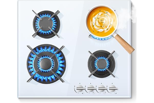 SNDOAS Plaque de Cuisson Gaz 4 Feux Verre Blanc, Plaque Gaz 4 Feuxs Encastrable, Table de cuisson 8060W,NG/LPG, Verre trempé & Sécurité Thermocouple