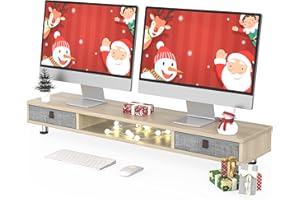 Fenge Supporto per Doppio Monitor con 2 Cassetti, Supporto per Monitor in Legno con Altezza Regolabile per PC/Laptop/stampante 108x23,5x15,2cm Rovere