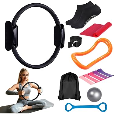 Kit Pilates 13 Pièces HoldOneLight - Anneau 38 Cm, Ballon 25 Cm, Bandes De Résistance, Chaussettes - Violet, Sac De Rangement Inclus