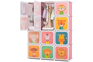 RELAX4LIFE Armadio Modulare a 8/12 Cubi per Bambini con 2 Barre Appendiabiti, 8/12 Ante, Mobile Salvaspazio per Cameretta e Asilo Nido, Portata di Ogni Cubo 10 KG (Animale-12 Cubi,Rosa)