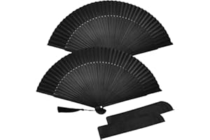 Saleependent 2 Piezas Abanicos de Mano Negro Abanico, Abanicos de Mano Plegable, Chinos Ventilador de Tela de Seda, Abanico Plegable con Borla, Decoración de Paredes para Fiestas de Verano o Bodas.