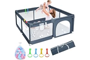 AOWEIKA Baby Playpen, Toddler Fence with Breathable Mesh and Zipper Door, Large Infants Activity Center with 50 Balls, Large Play Yard for Boys Girls Babies(127x127x66cm)