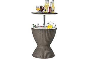 COSTWAY Mesa Nevera Capaciadad de 30 L para Jardín Mesa Auxiliar con Gancho,Asa,Tapa Extraíble y Orificio de Drenaje para Fiesta Boda (Marrón Claro)