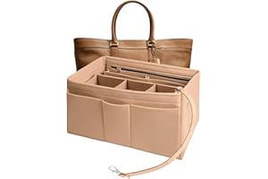 XWYDZ Felt Handbag Organiser, Handbag Liner Insert, Large Bag Organiser Insert Felt Handbag Organizer with Multiple Compartments and Zippers, Comes with Handbag Key Chain (26×15×15cm, Beige)