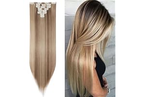 S-NOILITE Extensiones de Cabello Natural Clip in Extensions Cabeza llena 8 Piezas 18 Clips Sintético Resistente al Calor Pedazo de Cabello Recto 66cm Castaño claro & rubio ceniza