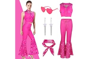 Exojoy Women Pink Cowgirl Costume Outfits, 70s 80s Disco Hippie Fancy Dress Accessories Set with Vest Top Flared Trousers Earring and Glasses for Women Girls Movie Halloween Cosplay