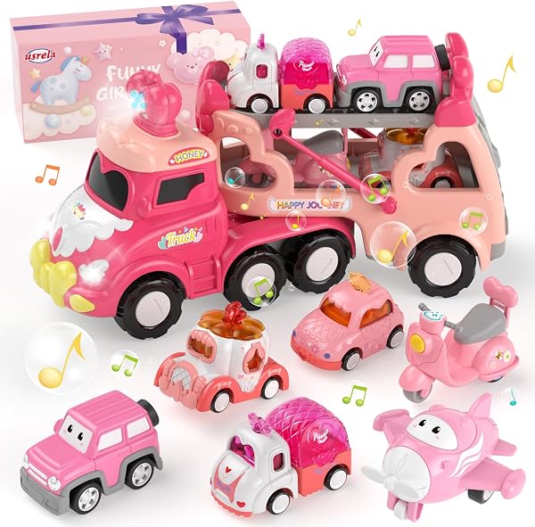 Toddler Girl Truck Car Toys for 2 3 Year Old Girl Birthday Gifts, 7-in-1 Pink Princess Transport Carrier Trucks for Toddlers 2-3, Friction Power Toy Cars with Lights & Music, My Daughter First Gift - 1