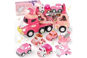 USRELA Toddler Girl Truck Car Toys for 1 2 3 Year Old Girl Birthday Gifts, 7-in-1 Pink Princess Transport Carrier Trucks for Toddlers 1-3, Friction Power Toy Cars with Lights & Music, My daughter First Gift