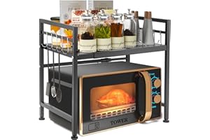 YunNasi Erweiterbares Mikrowellen Regal 2-Stufiges Mikrowellenständer Mikrowellenhalter Organizer aus Kohlenstoffstahl Küchenregal Stehend mit 10 Haken für Toaster, Heißluftfritteuse (Schwarz 1)