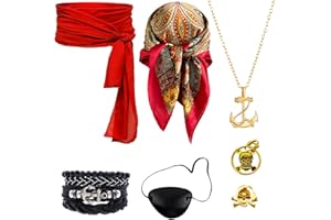 AUNGCSHE 7PCS Disfraz Pirata Mujer Para Hombre, Accesorios Pirata Incluye Cinturón, Bufanda, Máscara, Pendientes, Collar, Pulsera y Anillo, Ideal para Carnaval, Halloween(Negro)