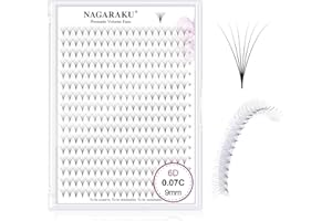 NAGARAKU 6D Volumen Pestañas Racimo 320 Fans Tallo Largo Abanicos Prefabricados Base Fina Y Puntiaguda Ruso Pelo a Pelo Esponjosas Natural Negro Premade Fans Eyelash 16 Filas Caja XL (0.07 C 9mm)