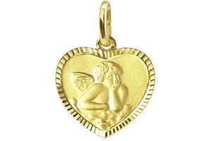 CLEVER SCHMUCK Herz Anhänger mit Engel 11 x 10 mm Rückseite Gott schütze Dich * Blumendekor Rand diamantiert 333 Gold 8 Karat im Etui Sand