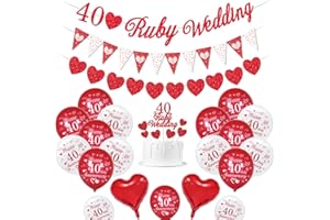 KISPATTI Ruby Wedding Decorations, 40th Wedding Anniversary Decorations 40 Ruby Wedding Banner Happy 40th Anniversary Balloons Red White Balloons Heart Balloons 40 Ruby Wedding Cake Topper