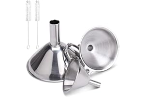 PEYOU Trichter Edelstahl, 3 Stück Trichter Küche, für die Übertragung von Flüssigen Zutaten, Trockenen Zutaten und Pulver, Zubehör mit 2 Reinigungsbürste, 3.8/5/7 cm