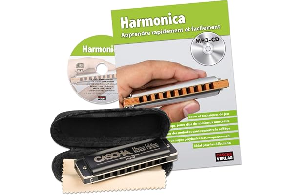 CASCHA Set d'apprentissage avec un harmonica de haute qualité en do majeur diatonique, méthode en français pour débutants, un étui & un chiffon de soin. Idéal pour débutants & adultes
