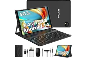 FLYCOAY Newest Android 14 Tablet 10 Inch, Octa-Core 2.0 GHz, 36GB RAM+128GB ROM(1TB TF) 5G+2.4G WiFi, 1920 * 1200 FHD, BT 5.0, GPS, 8000mAh, Metal Body, Tablet with Keyboard & Mouse, Black