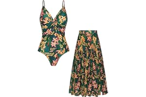 GRACE KARIN Damen 2Pcs Set Badeanzug Einteiliger Badeanzug mit Cover Up Rock Tummy Control Bademode