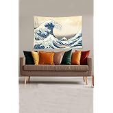 Pelangi Bej-Mavi Katsushika Hokusai Serisi Leke Tutmaz Kadife Kumaş Duvar &Ouml;rt&uuml;s&uuml; Duvar Halısı Tapestry YWLL372, 140 x 230