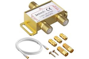 Justech Répartiteur d’antenne TV Répartiteur de Câble Coaxial Plaqué Or à 2 Voies MoCA 5-2500 MHz avec Câble Coaxial de 1,5 m, Connecteur F pour Sky Box, Telewest, Eurovox, Starview, Dreambox