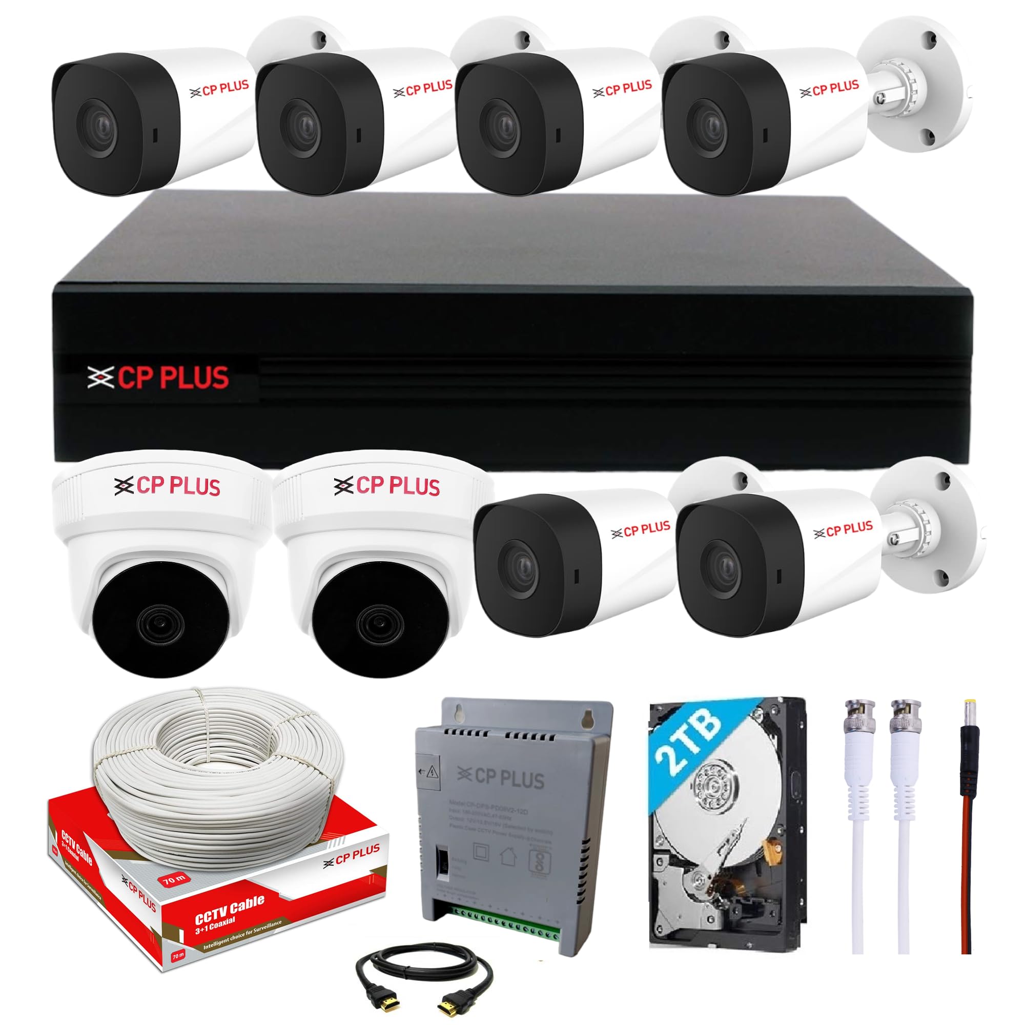 CP PLUS Full HD 8 Channel DVR with 6X 5 MP Outdoor Cameras & 2X Indoor Cameras, Built-in Audio Mic, Motion Detection, 2TB HDD, 8 Ch SMPS, CCTV Cables, HDMI+BNC/DC Set - White