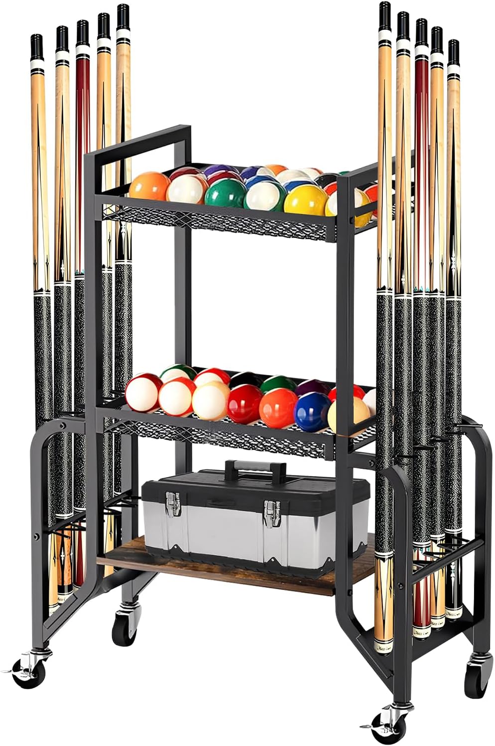 Soporte para taco de billar de 3 pisos para 10 bastones, soporte para taco de billar con 4 ruedas para facilitar el movimiento, 2 de ellos con frenos, soporte de equipo de billar, para salas de billar