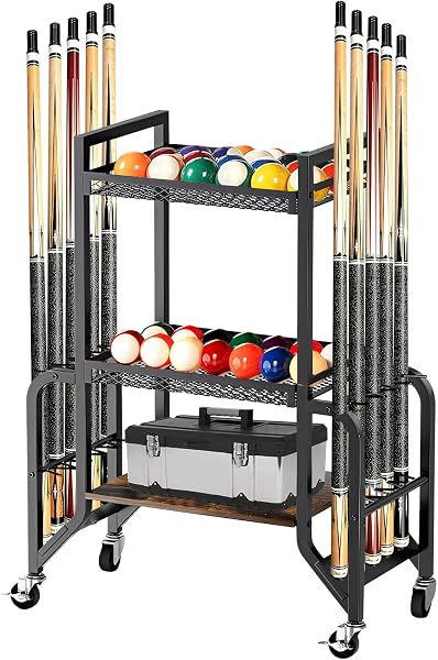 Soporte para taco de billar de 3 pisos para 10 bastones, soporte para taco de billar con 4 ruedas para facilitar el movimiento, 2 de ellos con frenos, soporte de equipo de billar, para salas de billar - 1