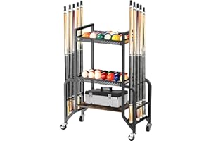 JAOGAUS 3 Storey Pool Cue Holder Floor Stand for Up to 10 Sticks, Pool Cue Stick Holder with Ball Rack Hangers, With 4 Rollers for Easy Movement, Floor Stand for Billiard Room Club